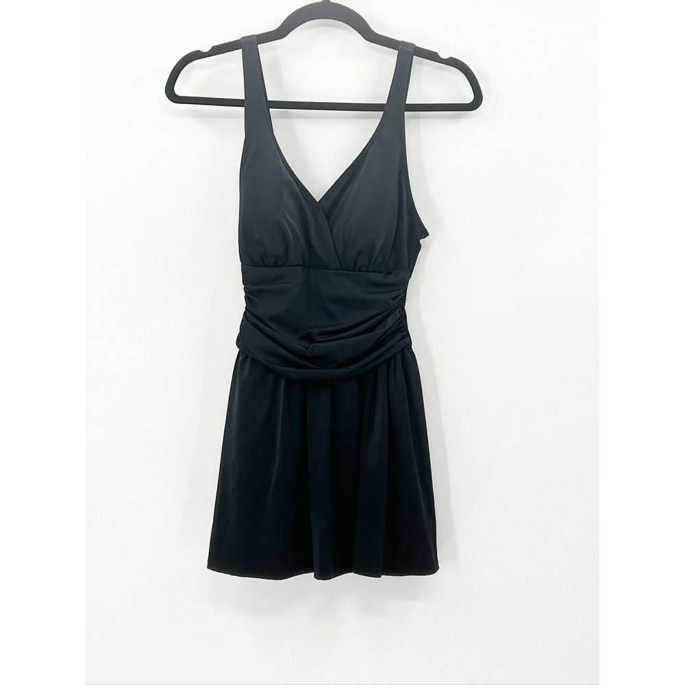 d&co. BEACH Swim Dress Womens 6 Black Good Ruched Surplice V-Neck Adjustable